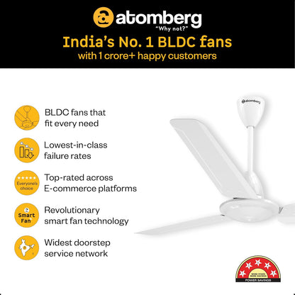 atomberg Ameza 1200mm Timeless BLDC Ceiling Fan with Remote|BEE 5 star|High Air Delivery|LED Speed Indicator|Low Noise|Timeless Design with Power Saving|2 Year Warranty|Gloss White