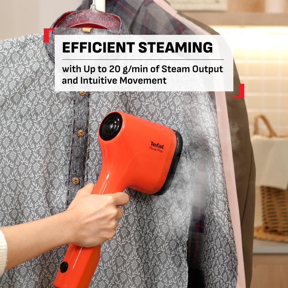 Tefal Pure Pop Handheld Garment Steamer | 1300W | Compact, Convenient Vertical Steaming | Reversible Pad | 2m Cable | 20g/min Steam | 15-sec Heat-Up | Red | No.1 Ironing Brand in Europe