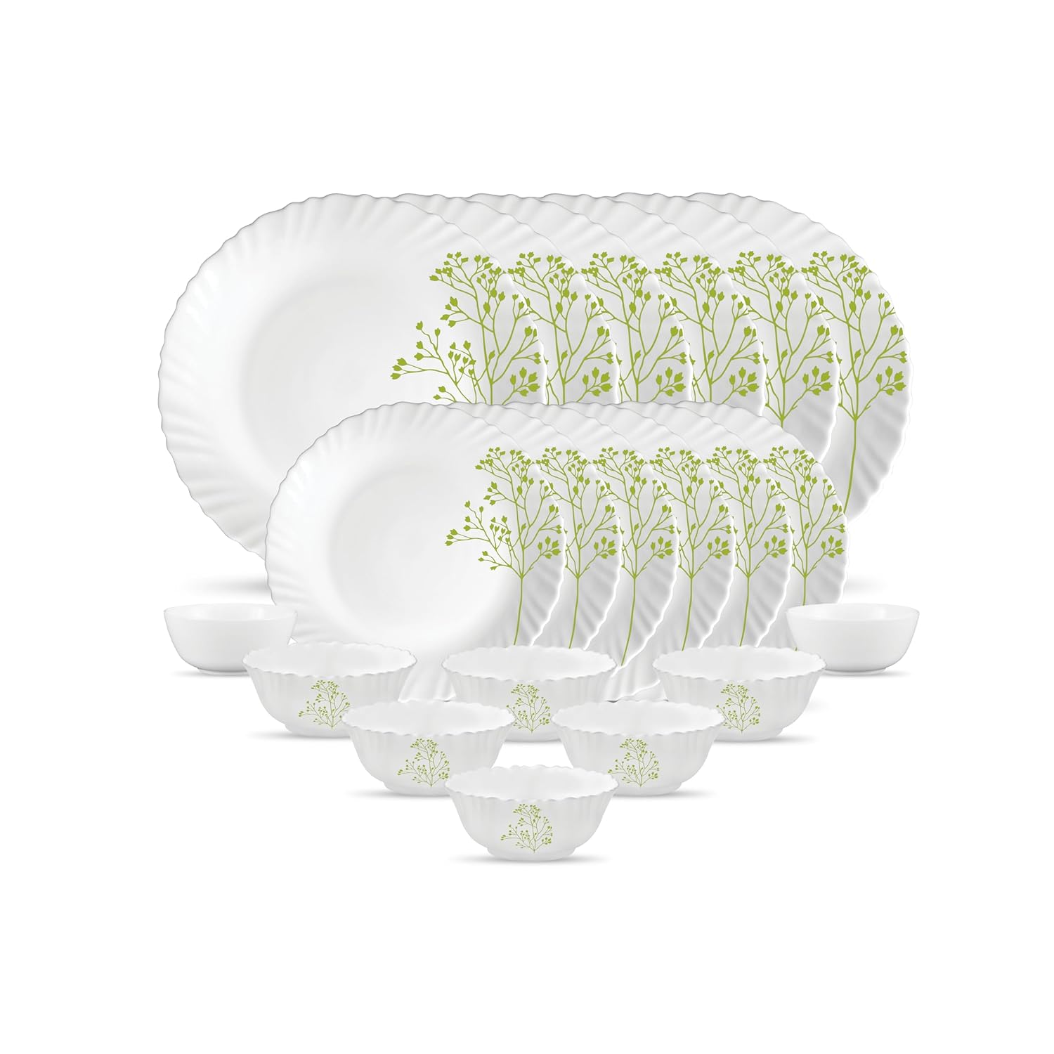 La Opala Novo Collection Opal Glass Crockery | for Family of 6 | Dinner Set 20 pcs Blissful Green | Plates & Bowls for Dining | Microwave Safe | 100% Vegetarian | Extra Strong | Light & White