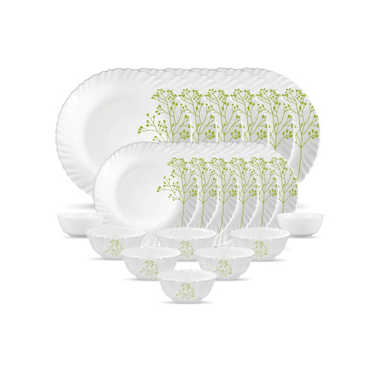 La Opala Novo Collection Opal Glass Crockery | for Family of 6 | Dinner Set 20 pcs Blissful Green | Plates & Bowls for Dining | Microwave Safe | 100% Vegetarian | Extra Strong | Light & White