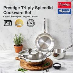 Prestige PIRC 1.0 2200W Infrared Cooktop, Indian Menus & Timer, Flat-Bottom Cookware, Black + Prestige TRIPLY Splendid 4 Pc Cookware Set: Fry Pan 22cm, Kadai 22cm, Saucepan 14cm, SS Lid 24cm