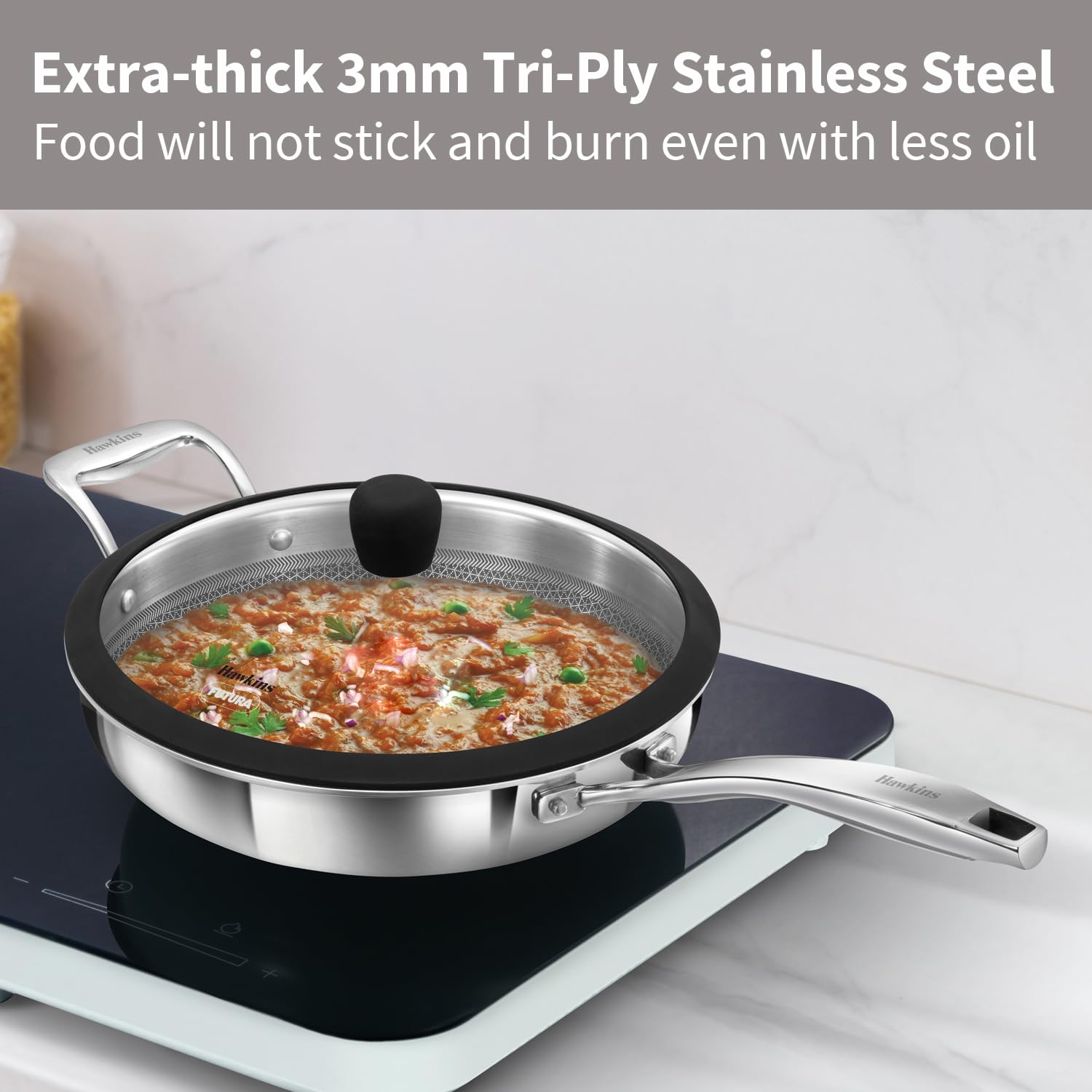 Hawkins Pro 26 cm Shielded Nonstick Triply Frying Pan, Fry Pan with Stainless Steel Handle and Glass Lid, Silver (PSNF26G)