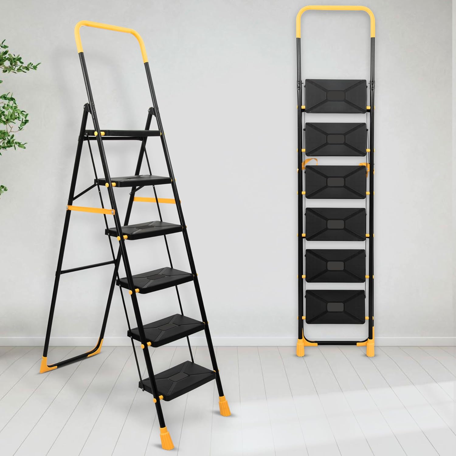 Plantex Premium Steel 6 Step Foldable Ladder for Home use/Heavy Duty Ladder for Home with Anti Slip Steps and PVC Shoes/Portable ladders with Knee Guard Protection (Yellow & Black)