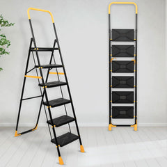 Plantex Premium Steel 6 Step Foldable Ladder for Home use/Heavy Duty Ladder for Home with Anti Slip Steps and PVC Shoes/Portable ladders with Knee Guard Protection (Yellow & Black)