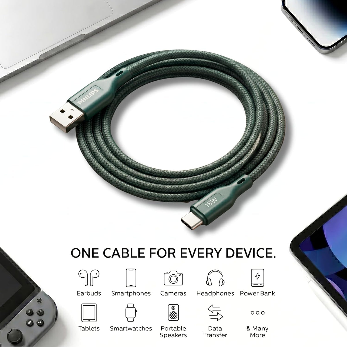 Philips DLC4160AT/94 18W Type-A to Type-C Fast Charging Cable (2m, Crystal Teal)