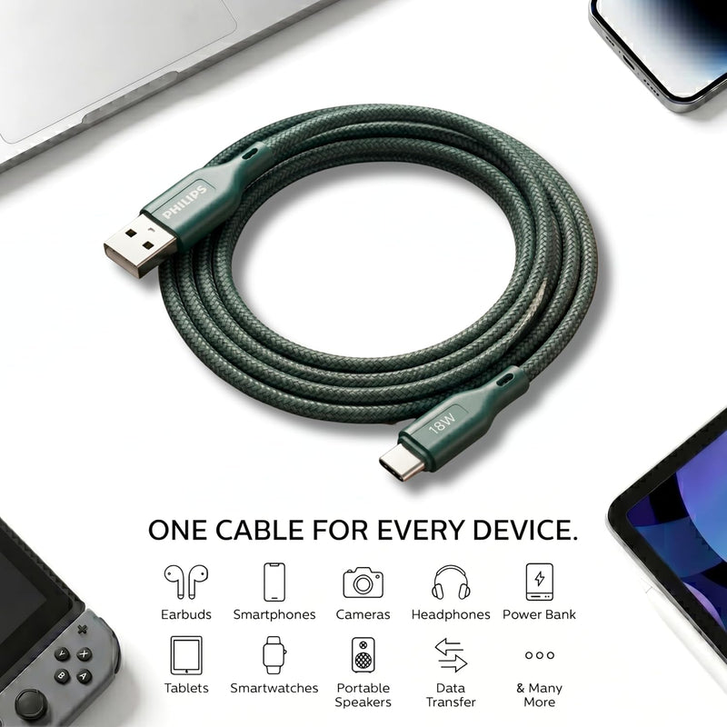 Philips DLC4160AT/94 18W Type-A to Type-C Fast Charging Cable (2m, Crystal Teal)