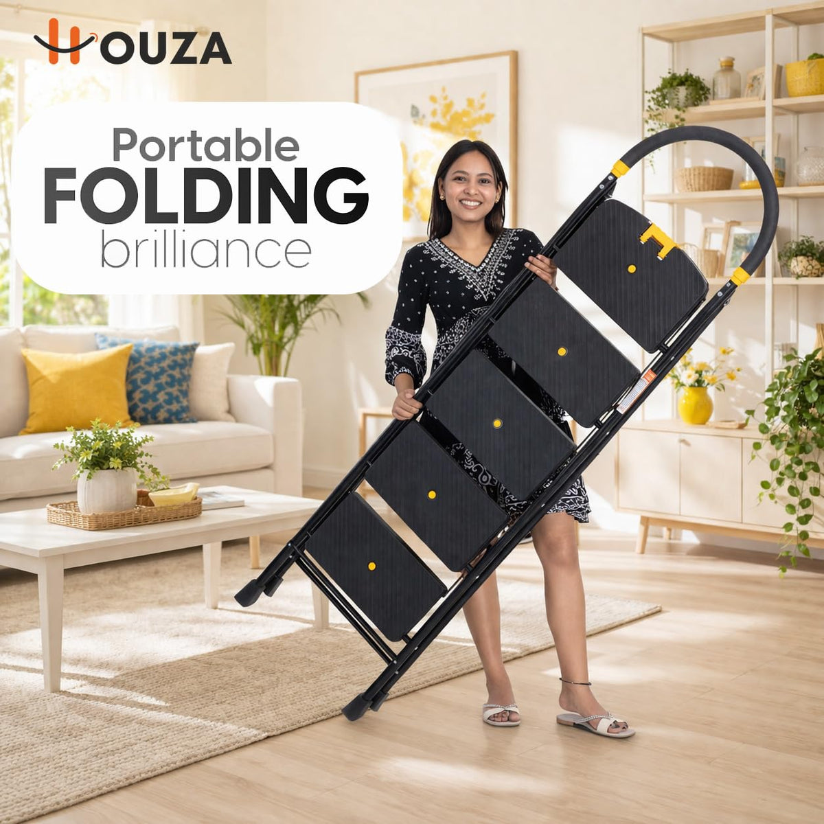 HOUZA Steel Ladder for Home 5 Steps Foldable with Anti-Skid Wide Steps (30cm x 20cm) | 5 Step Ladder for Home Use with Secure Lock | 150 Kg Load Capacity Folding Ladder | 5 Year Warranty (Black)