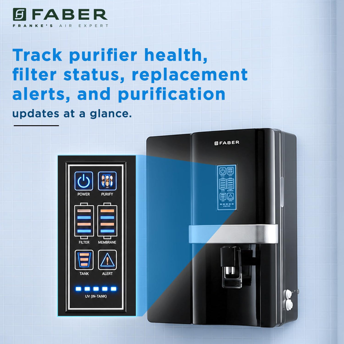 Faber FWP EVA 8.0 12-Stage Best in class RO Water Purifier|8L|UV LED TANK Disinfection|40% Water Savings| RO+ UV+ UF+ AL