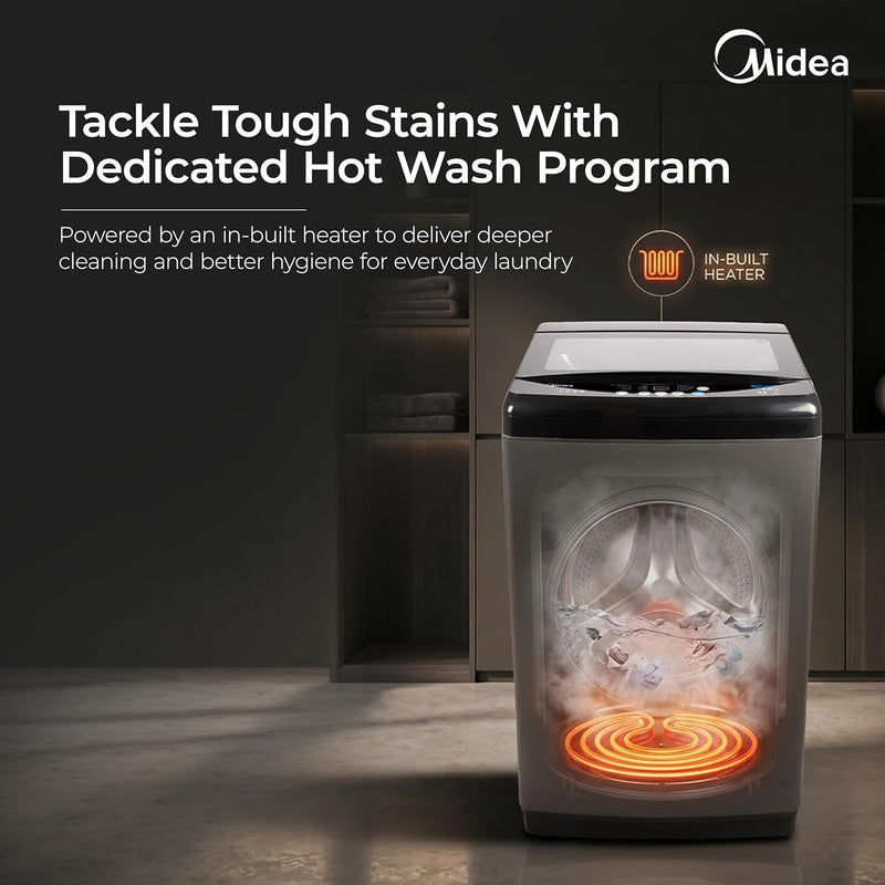 Midea 9 Kg 5 Star, Self Clean Drum Technology, Fully Automatic Top Load Washing Machine with Inbuilt Heater, 10 Wash Programs (MWMTL090FP1GHMB, Metal Body Mid Black)