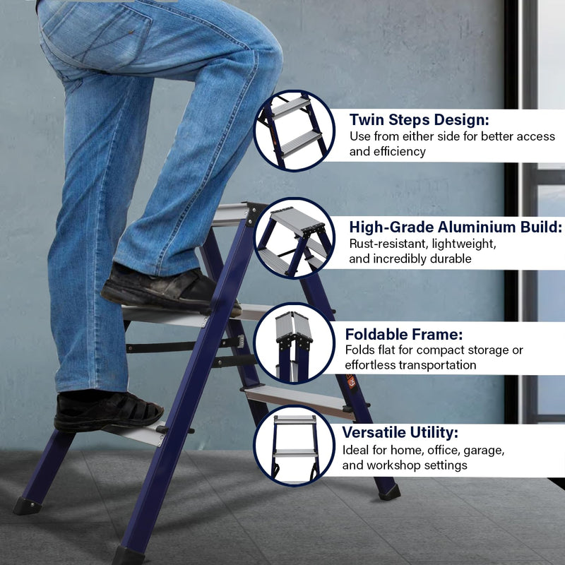 BonKaso 3 Step Aluminium Ladder | Folding Step Stool for Home, Kitchen, Office & Library | Lightweight Anti-Slip Wide Pedal 120 Load Capacity Step Stool (88h x 46w CMs) Blue