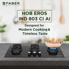 Faber 3 Burner 80cm Eros Hob |Auto-Ignition|Metal Knobs| Cast Iron Pan Support |Hob/Cooktop Hybrid| Black Glass Finish |