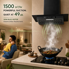 Faber Mercury 60cm 1500m³/hr BLDC Filterless Autoclean T-Shape Wide Grill Chimney|9 Speed| 49dB|Touch&Gesture Control|8 