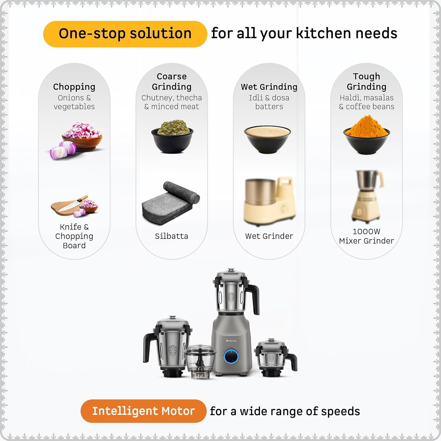 Atomberg Tavi Mixer Grinder | 𝟏𝟏𝟎𝐕 𝐎𝐧𝐥𝐲 𝐟𝐨𝐫 𝐔𝐒 & 𝐂𝐚𝐧𝐚𝐝𝐚 | Unique Coarse Mode for Silbatta-Like Texture | Intelligent 600W Motor | 4 Jars Including Chopper Jar | Matte Sand Grey