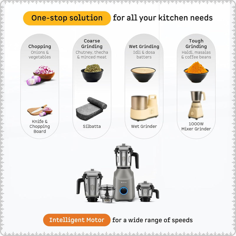 Atomberg Tavi Mixer Grinder | 𝟏𝟏𝟎𝐕 𝐎𝐧𝐥𝐲 𝐟𝐨𝐫 𝐔𝐒 & 𝐂𝐚𝐧𝐚𝐝𝐚 | Unique Coarse Mode for Silbatta-Like Texture | Intelligent 600W Motor | 4 Jars Including Chopper Jar | Matte Sand Grey