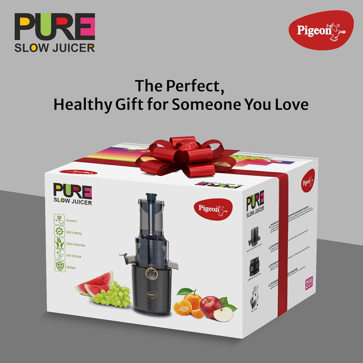 Pigeon by Stovekraft Pure Slow Juicer| 250W Motor| Nutrient Rich Juice| All-in-1 Fruits & Vegetable Juicer| Maximum Juice Extraction Auger | Separate Juice & Pulp Cups | 2 Year Warranty