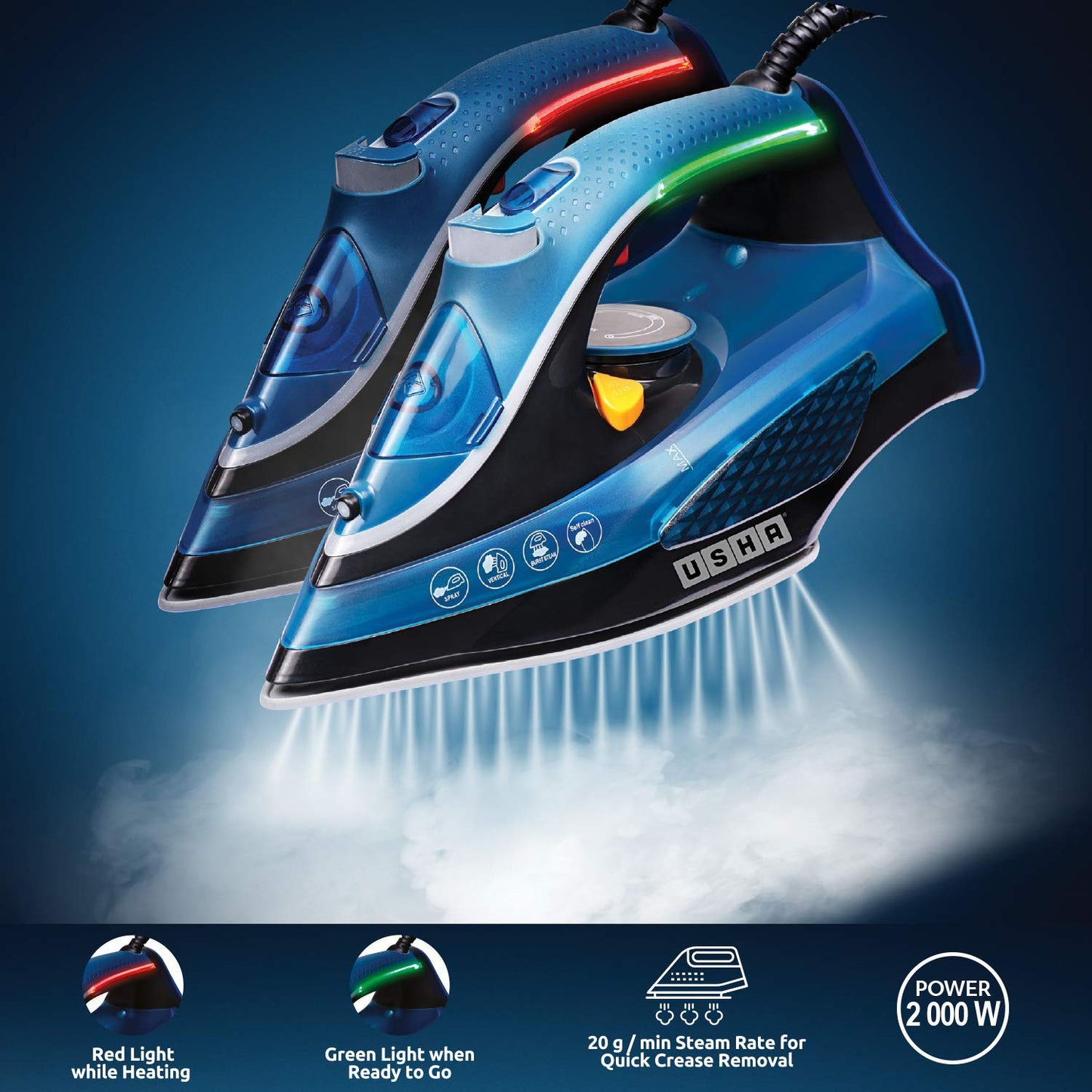 USHA Aqua Glow 2000 watts Steam Iron with Innovative Led Indicator | Ceramic Soleplate |Powerful Steam Output upto 20gm/min | 300ml Water Tank Capacity |Self Cleaning Function| 2 Years Warranty|(Blue)