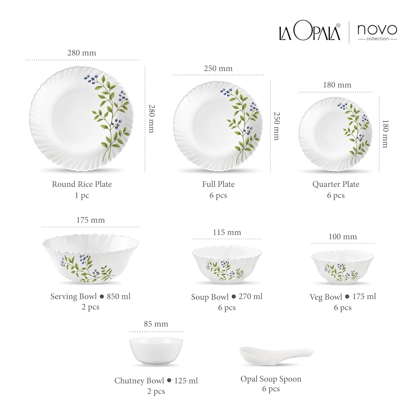 La Opala Novo Collection Opal Glass Crockery | for Family of 6 | Dinner Set 35 pcs Lush Greens | Plates & Bowls for Dining | Microwave Safe | 100% Vegetarian | Extra Strong | Light & White