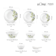 La Opala Novo Collection Opal Glass Crockery | for Family of 6 | Dinner Set 35 pcs Lush Greens | Plates & Bowls for Dining | Microwave Safe | 100% Vegetarian | Extra Strong | Light & White