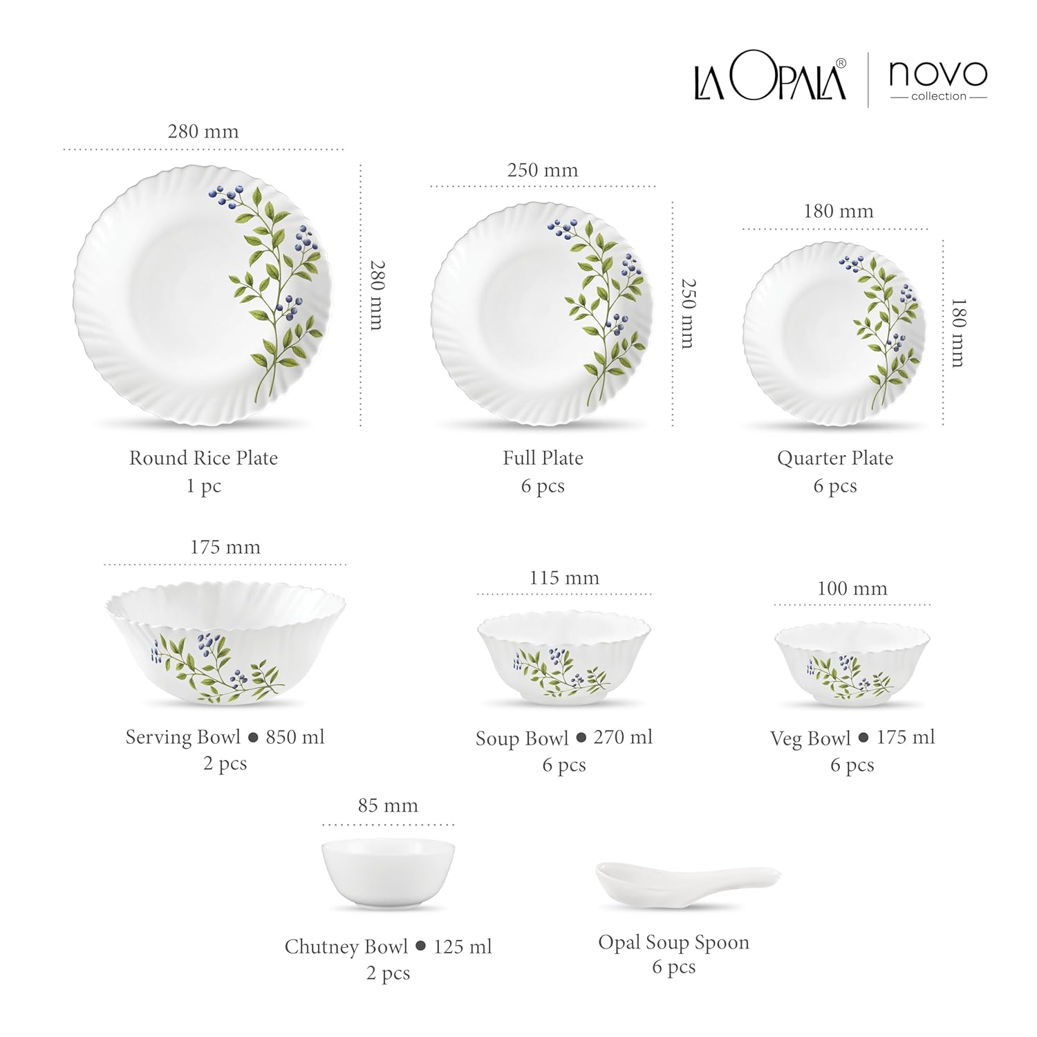 La Opala Novo Collection Opal Glass Crockery | for Family of 6 | Dinner Set 35 pcs Lush Greens | Plates & Bowls for Dining | Microwave Safe | 100% Vegetarian | Extra Strong | Light & White