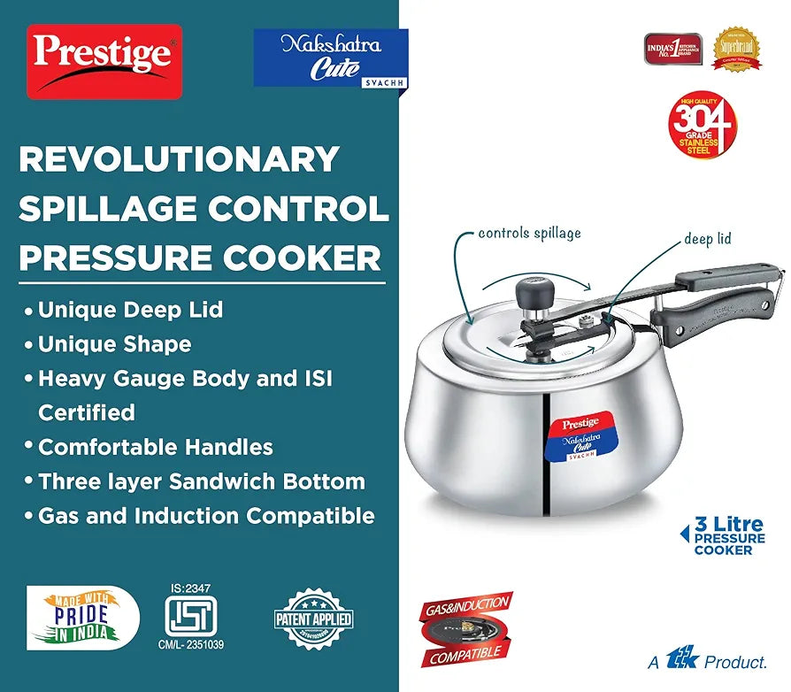 Prestige 3Litre Stainless Steel Nakshatra Cute Svachh Pressure Cooker|Deep Inner lid for spillage control|Induction compatible|3 layers sandwich bottom|Heavy gauge body|5 years warranty|ISI Certified
