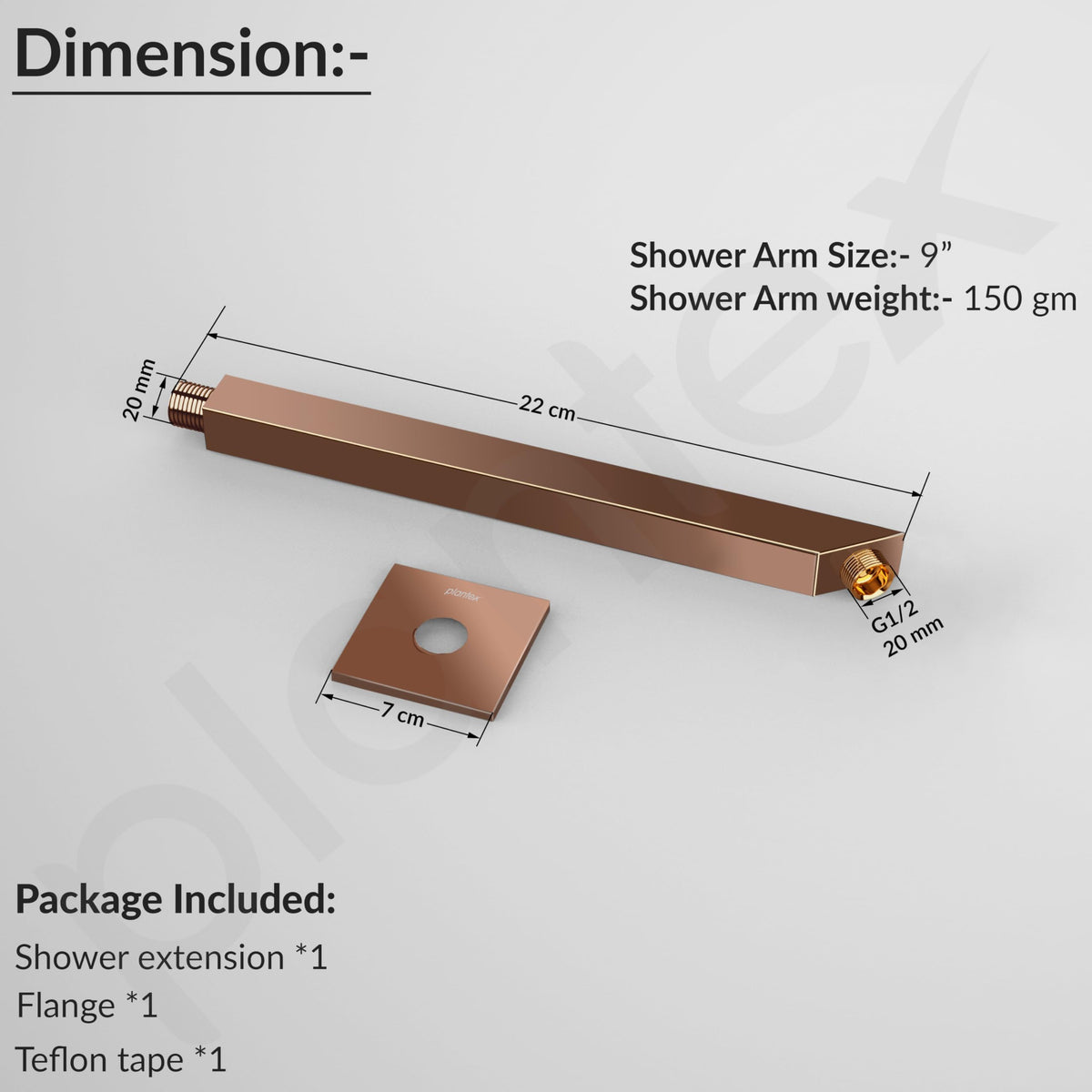 Plantex 9-Inch Shower Arm for Overhead Shower/Stainless Steel Shower Pipe/Wall Mount Bathroom Fitting with 1⁄2-Inch Thread - Pack of 1 (Rose Gold)-4