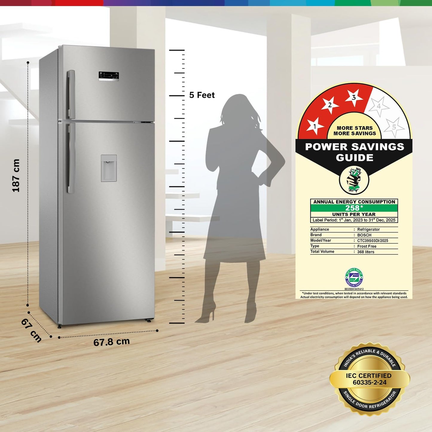 BOSCH Max Convert 368L, 3-Star, Inverter Frost Free Double Door Refrigerator With Water Dispenser (CTC39S03DI, 6-in-1 Convertible, VitaFresh Technology, 2 Cooling System, Shiny Silver)