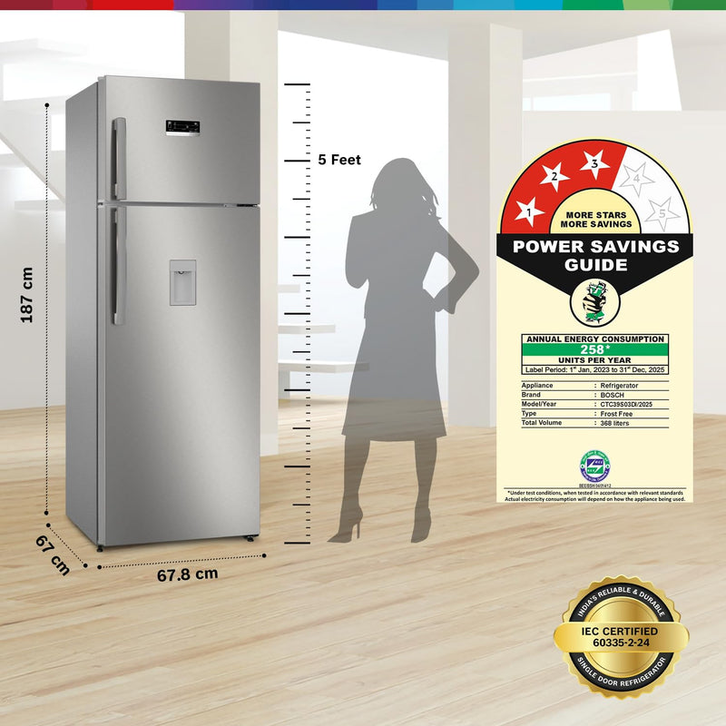 BOSCH Max Convert 368L, 3-Star, Inverter Frost Free Double Door Refrigerator With Water Dispenser (CTC39S03DI, 6-in-1 Convertible, VitaFresh Technology, 2 Cooling System, Shiny Silver)