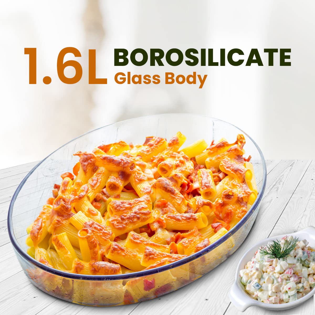 AGARO Elite Borosilicate Glass Baking Tray for Kitchen, 1600 ml, Baking Dish, Serving Bowl, OTG, Oven & Microwave, Dishwasher and Freezer safe, Oval, Transparent, Glass Bowl Container