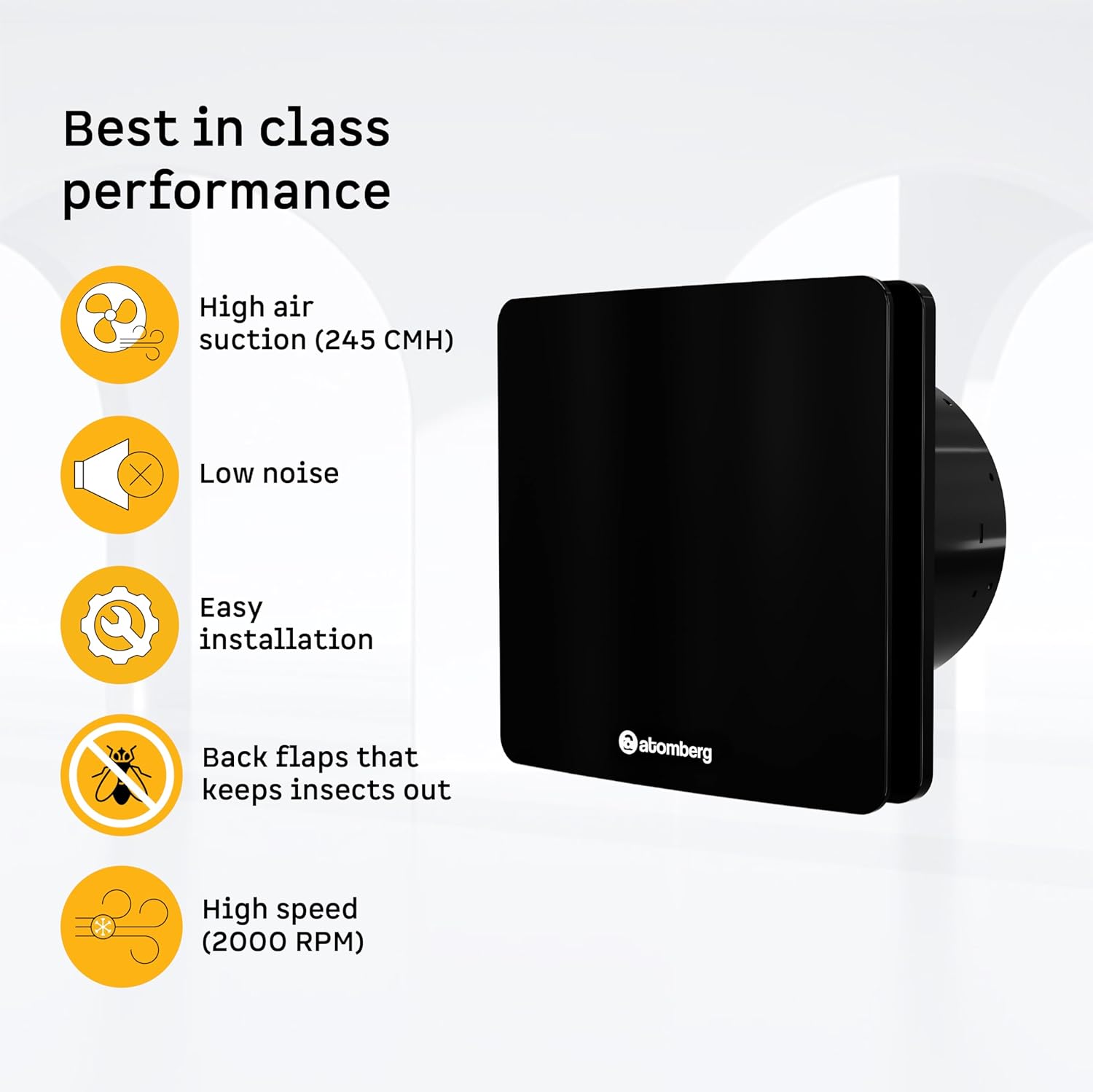 atomberg Studio Exhaust Fan 150mm (6 Inches) | BLDC Motor | 6.8W| Low Noise | 2000 RPM| Ideal for Bathroom,Kitchen | Easy to Clean | Installation-Round Cut (153mm) | 2 Years Warranty | (Gloss Black)