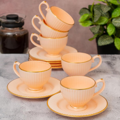Clay Craft Fine Ceramic Julie Impression Cup & Saucer Set of 12 (6 Cups+6 Saucers)- 170 Ml Each- Elegant Design for Home and Kitchen and Can Be Gifted to Your Loved Ones On Any Occassions (Pink 1401)