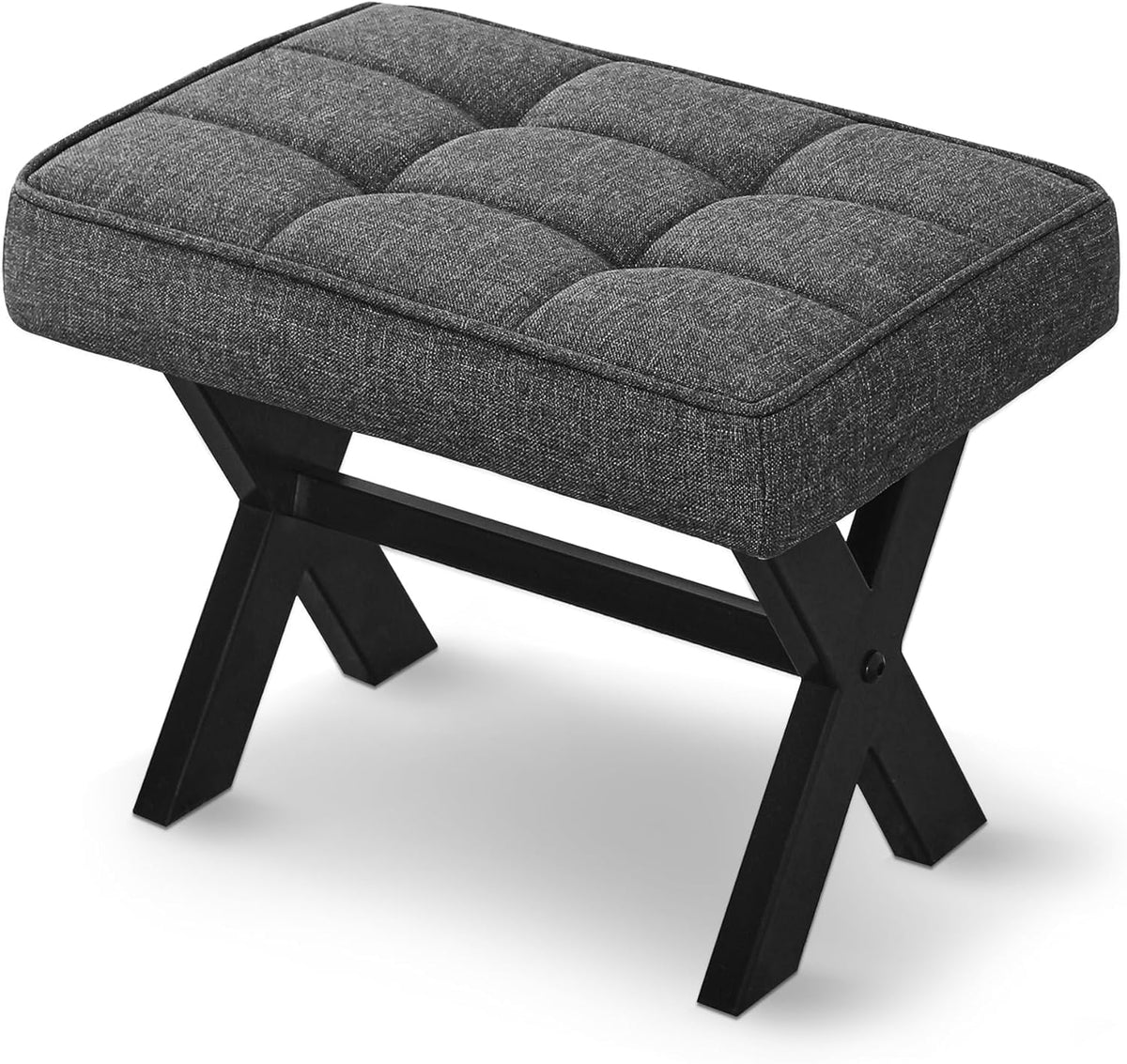 Solid Sheesham Foot Stool, 12" H Small Foot Stools Ottoman, Durable Linen Footstool X-Leg, Padded Foot Rest Ste