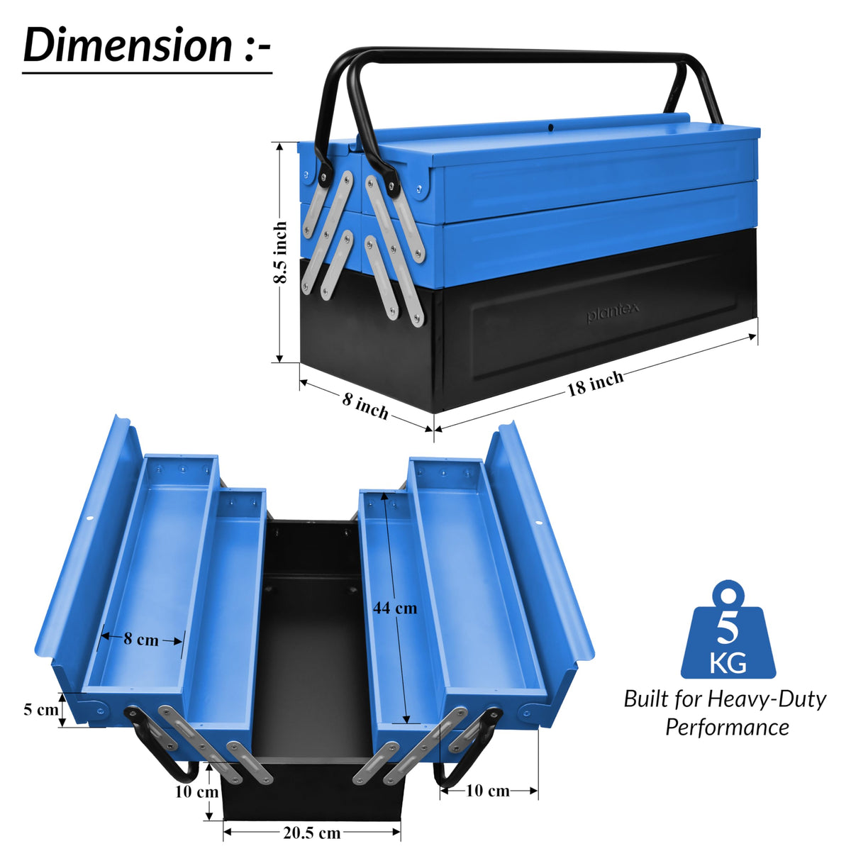 Plantex Metal Tool Box/Tools Box With Large Capacity/Empty Tool Box/Tool Organizer For Carpenter, Garage, And Home Essential Tools - 5 Compartments - (Blue & Black)-3