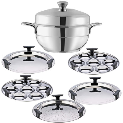 Vinod Gen-Z 1 liter Stainless Steel Multi Kadai with 6 Plates - 19 cm| 2 Idli, 2 Dhokla and 1 Patra Plate | All In One Multi Purpose Kadhai | Induction and Gas Base | Small - 2 Year Warranty