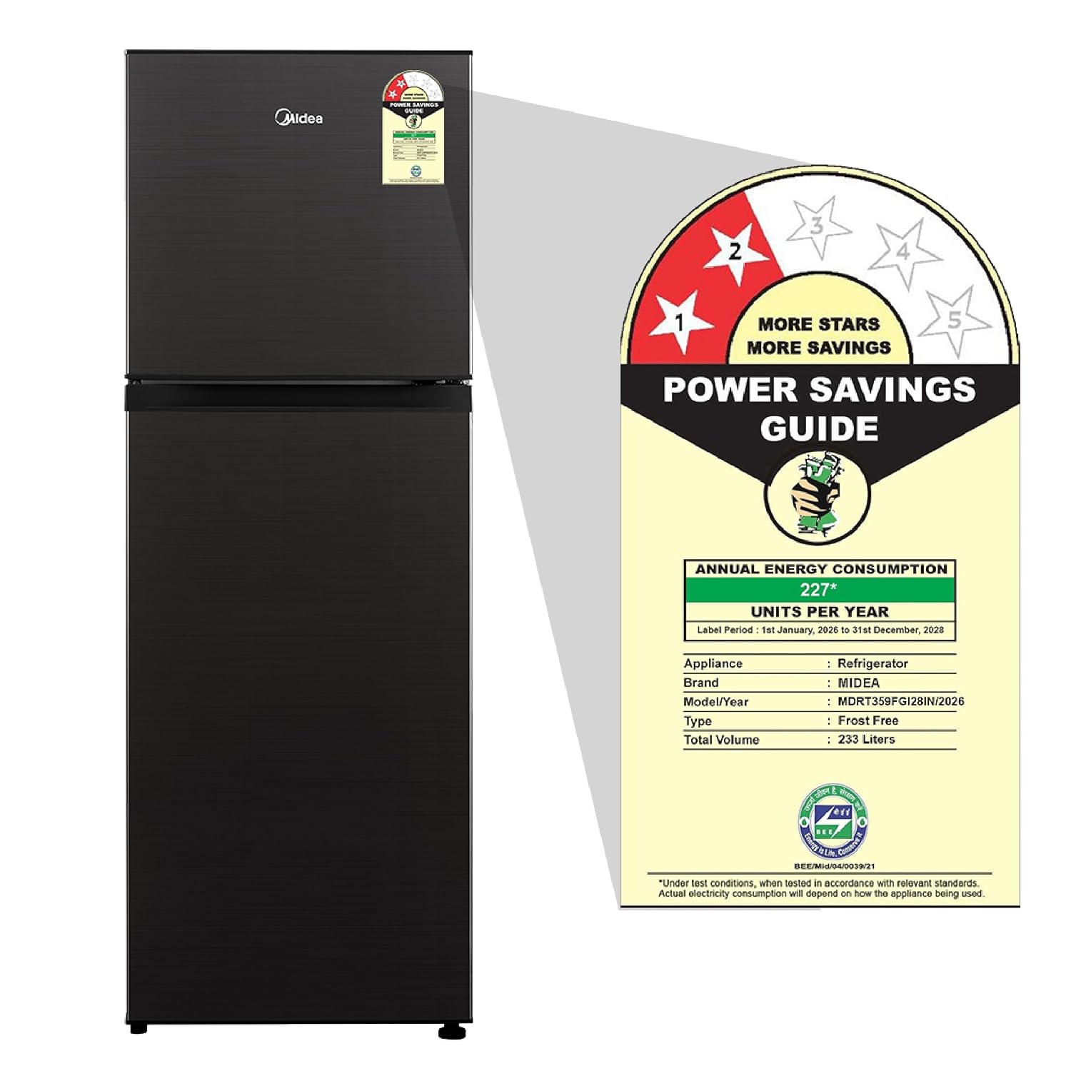 Midea 233L 2 Star Convertible 9-In-1 Inverter Compressor Frost Free Double Door Refrigerator with Multi Air Flow, Smart⁺ Cooling (MDRT359FGI28IN, Active C Fresh Deodorizer, Jazz Black, New 2026)