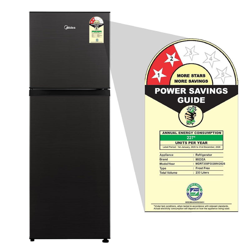 Midea 233L 2 Star Convertible 9-In-1 Inverter Compressor Frost Free Double Door Refrigerator with Multi Air Flow, Smart⁺ Cooling (MDRT359FGI28IN, Active C Fresh Deodorizer, Jazz Black, New 2026)