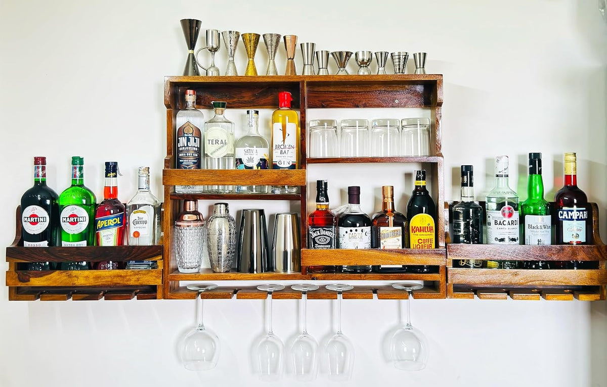 Elegant Wall-Mounted Wood Wine Rack – Holds 4/8 Glasses & Bottles, Space-Saving Mini Bar Cabinet for Home, Kitc