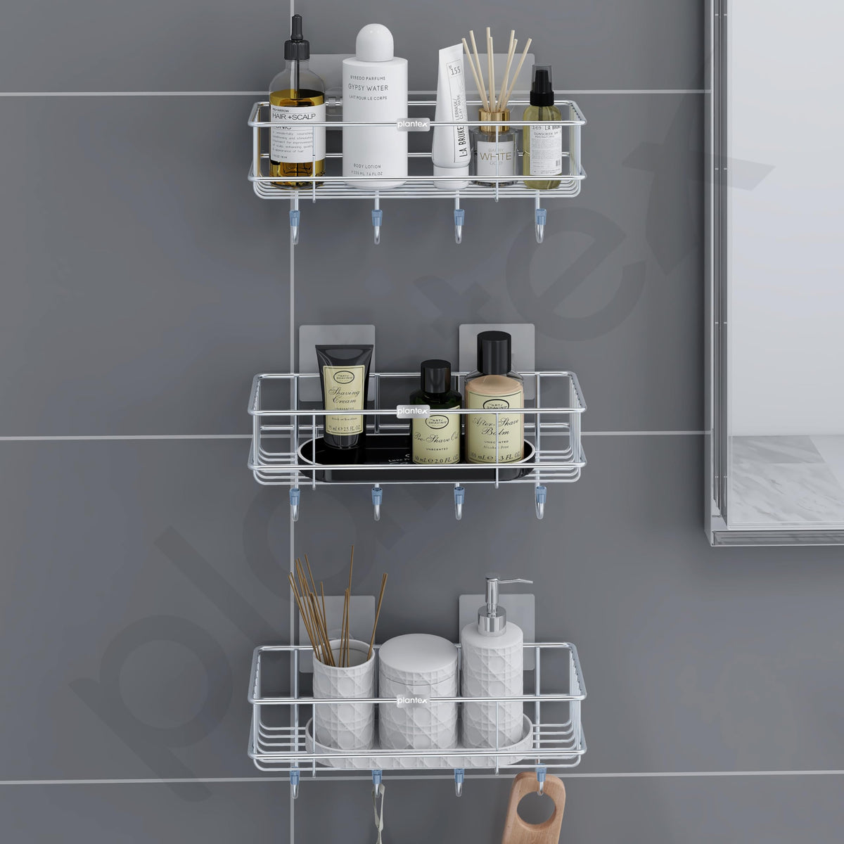 Plantex Stainless Steel Self Adhesive Shelf/Multipurpose Bathroom Shelf with Hooks/Towel Holder/Rack/Bathroom Accessories Set/Bathroom Organiser Without Drill - Pack of 3 (Chrome)-6