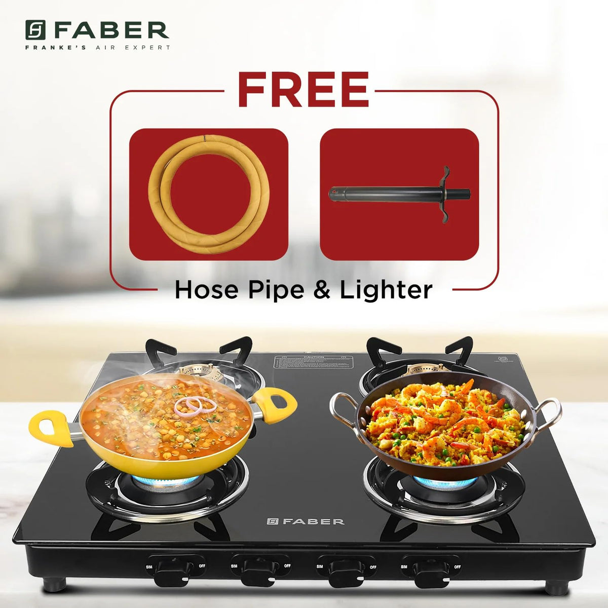 Faber 4 Burner Daisy Pro Cooktop | Free Hose Pipe & Piezo Lighter | Black Glass Top | Powder Coated Pan Support | Manual