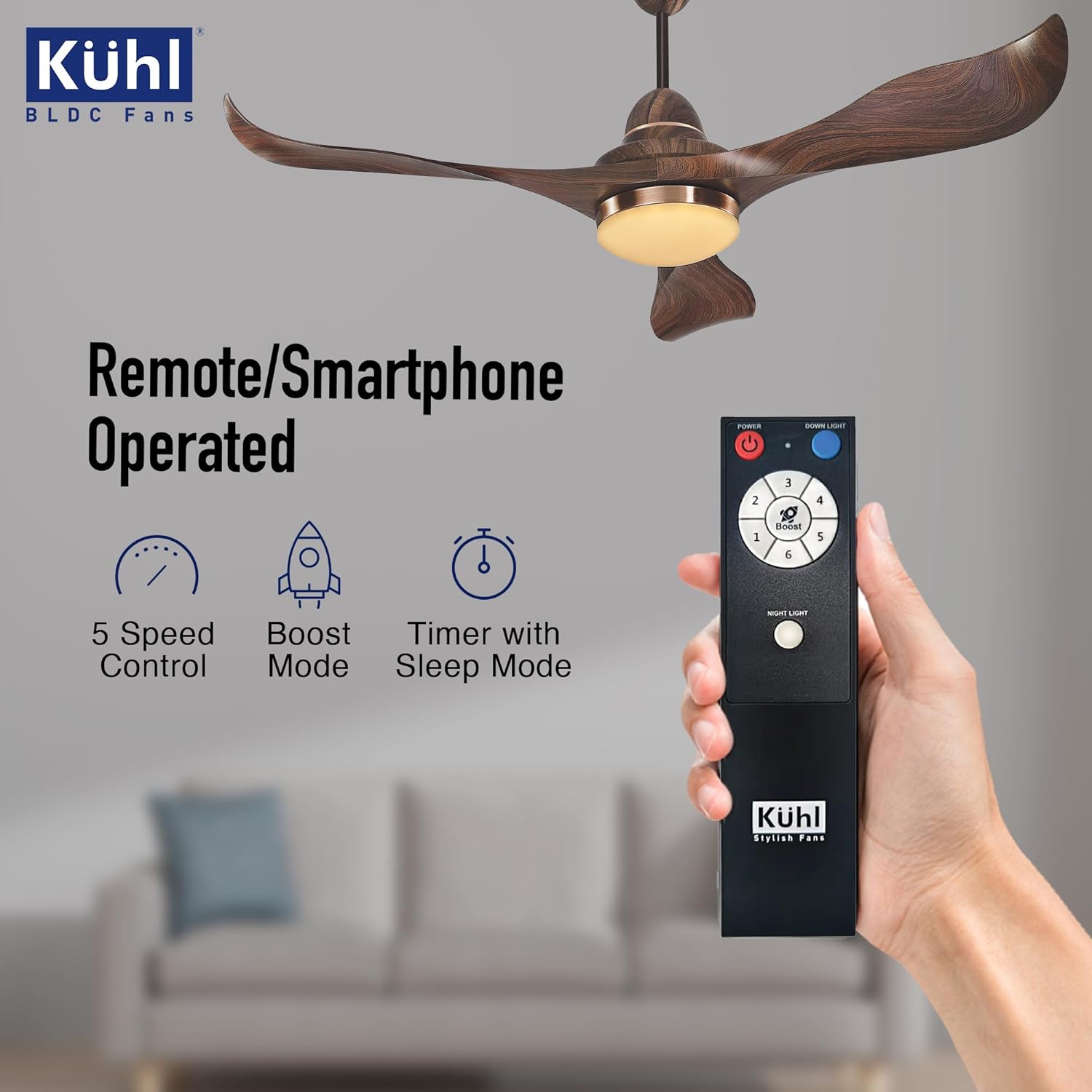 KUHL Glanz F3 1320mm Stylish Power Saving BLDC Ceiling Fan With Remote | Down Light | 30W | 5 Star | IoT - Operate Via Mobile&Alexa | Reverse Mode | Free Installation |Teak