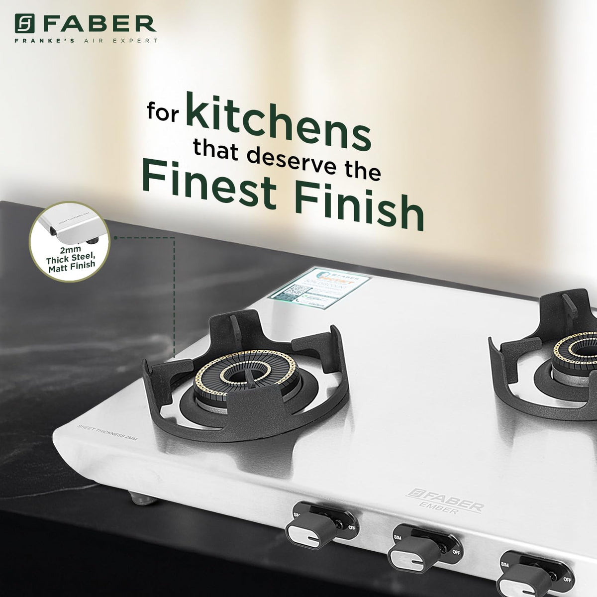 Faber Ember Stainless Steel Cooktop | 3 Brass Burners (Jumbo, Medium & Small |Manual Ignition | Diamond-Coated Pan Suppo