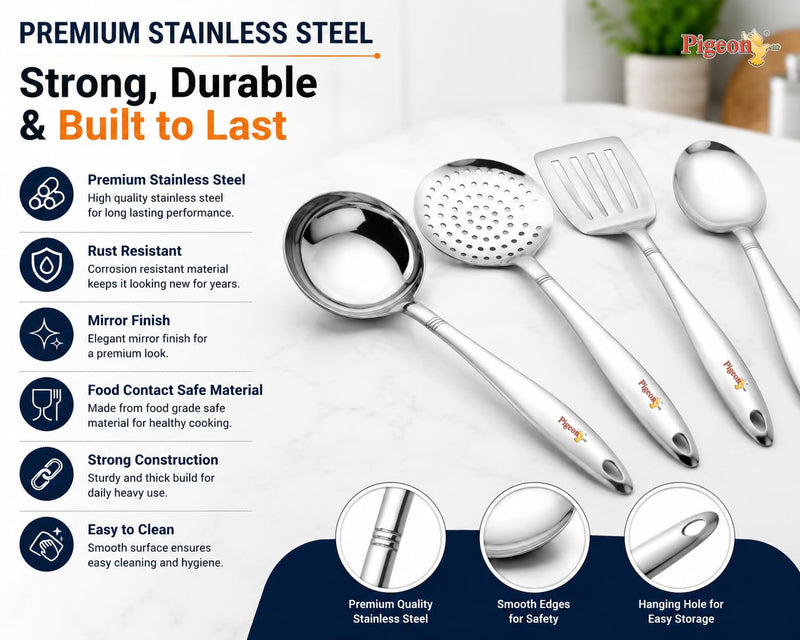Pigeon-4Pcs Stainless Steel Kitchen Tools Set for Kitchen Cooking and Serving Set of 4|Oval Spoon(Karchhi)|Skimmer(Jhara