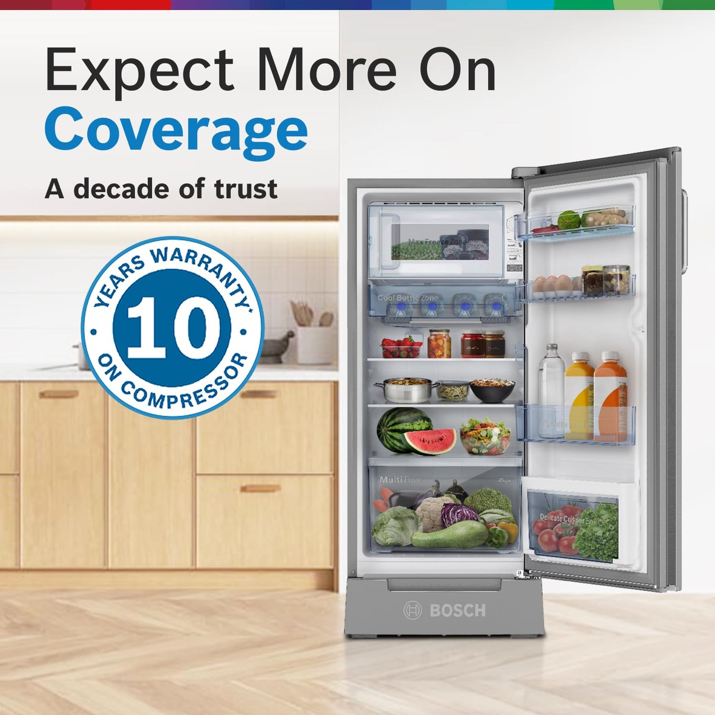 Bosch SmartChoice 207 L, 3 Star, Single Door Refrigerator with Industry's largest base drawer & veg box*(CST20S23PI,Fine Steel) |18 Hr Cooling Retention, 2.5x Faster Cooling, smart inverter compressor