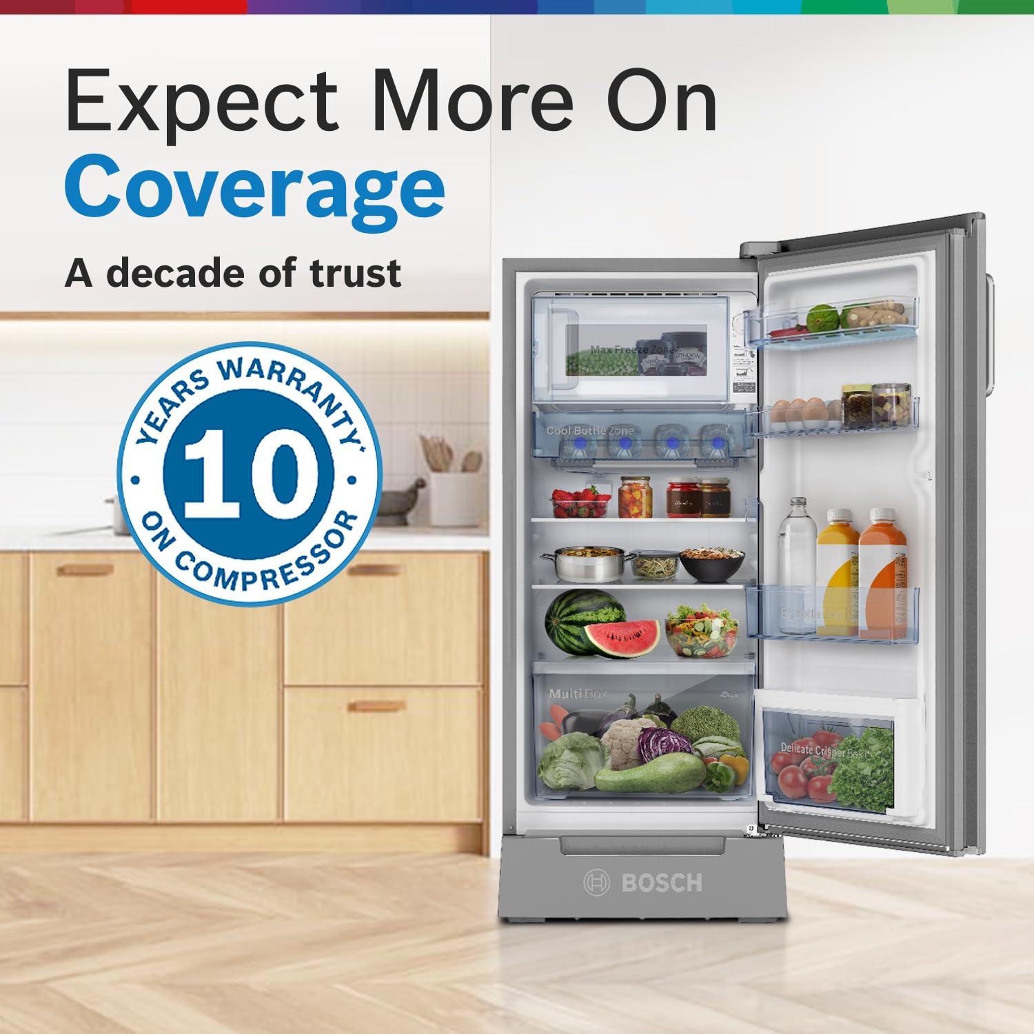 Bosch SmartChoice 207 L, 3 Star, Single Door Refrigerator with Industry's largest base drawer & veg box*(CST20S23PI,Fine Steel) |18 Hr Cooling Retention, 2.5x Faster Cooling, smart inverter compressor