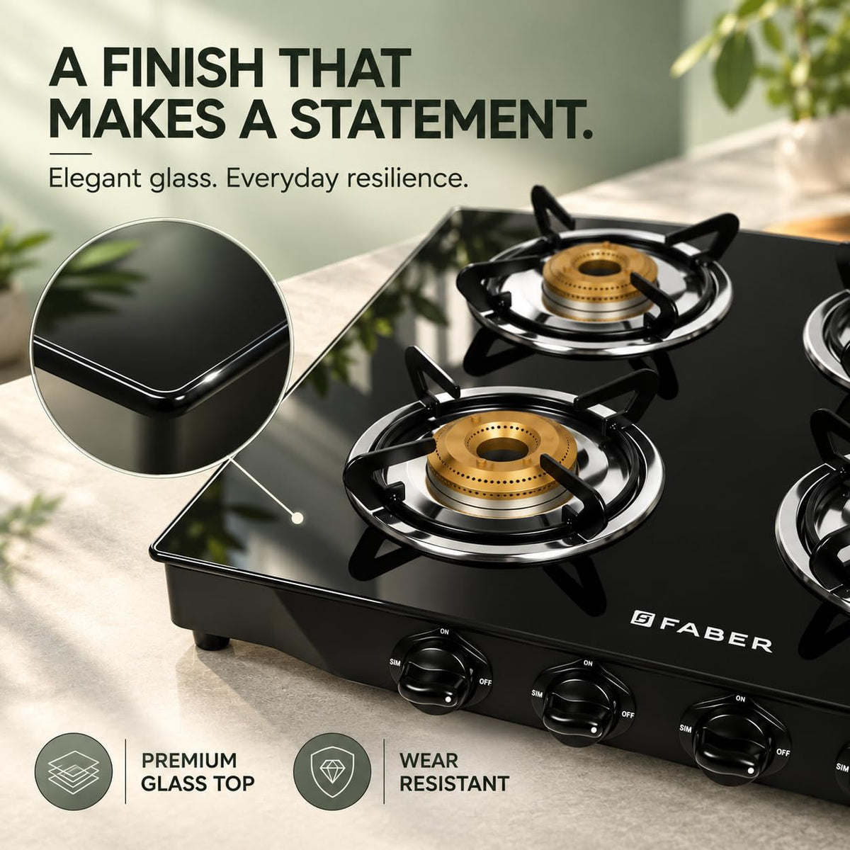 Faber Jumbo Glass Top 4 Burner Gas Stove, Manual Ignition (Jumbo 4BB BK), Black