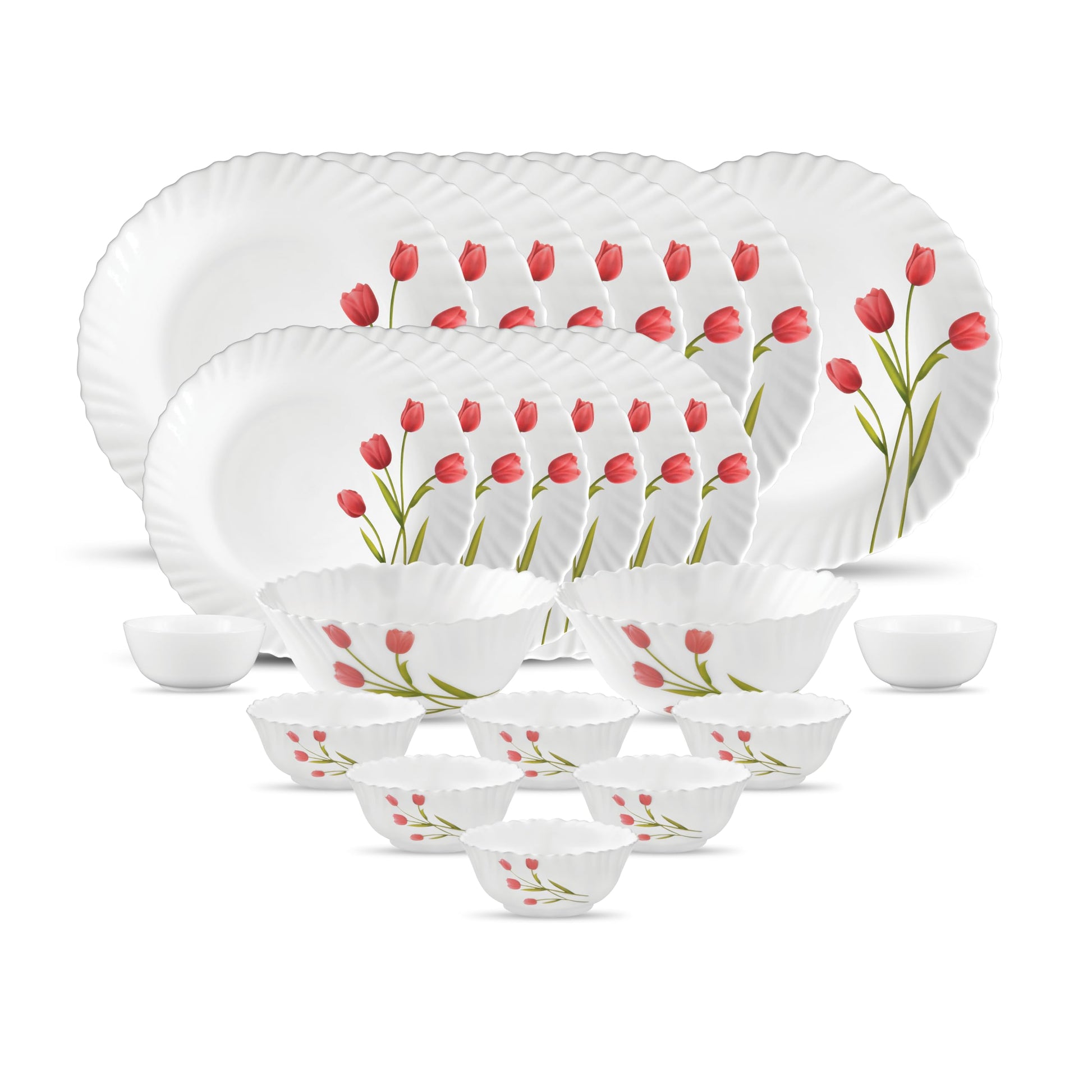 La Opala Novo Collection Opal Glass Crockery | for Family of 6 | Dinner Set 23 pcs Vivid Greens | Plates & Bowls for Dining | Microwave Safe | 100% Vegetarian | Extra Strong | Light & White