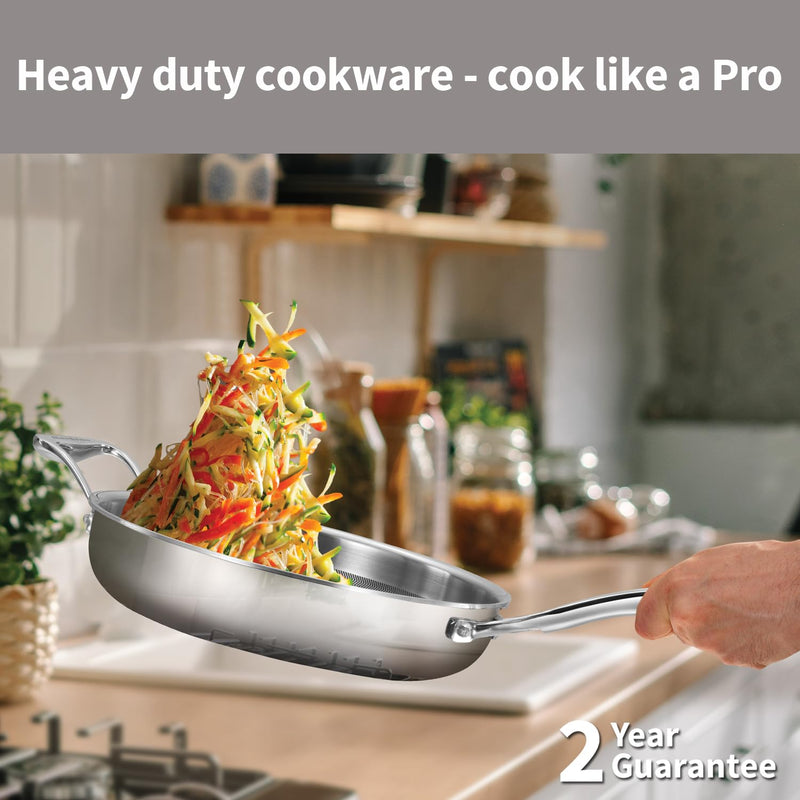 Hawkins Pro 26 cm Shielded Nonstick Triply Frying Pan, Fry Pan with Stainless Steel Handle and Glass Lid, Silver (PSNF26G)