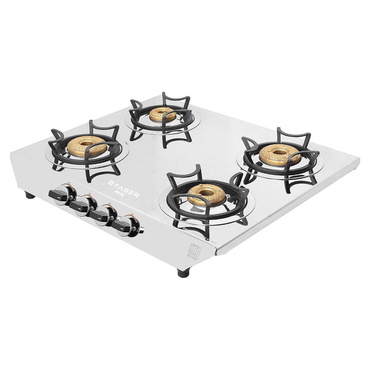 Faber high efficiency 4 Brass Burner with stainless steel top, ISI Certified gas stove, Manual Ignition,For LPG use only