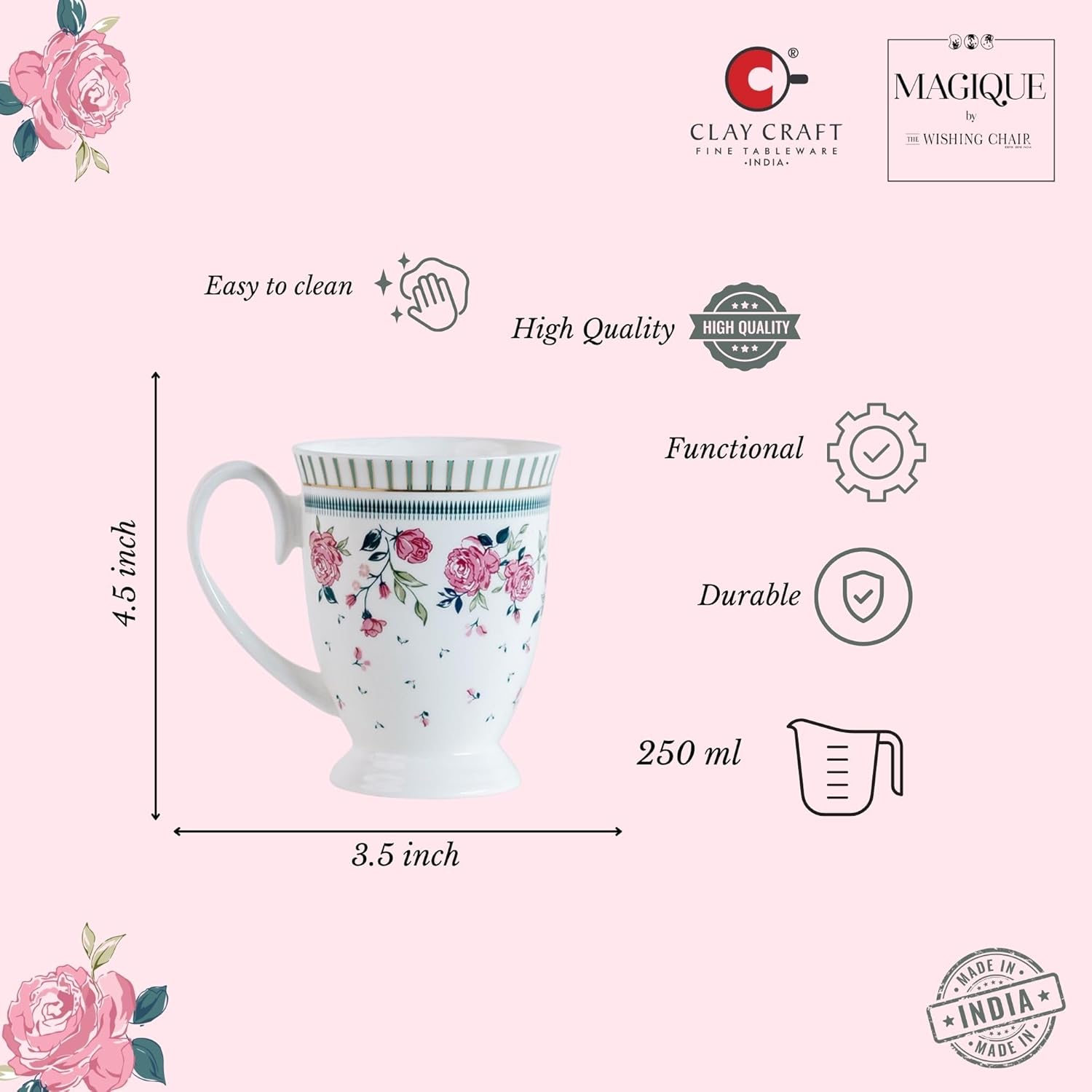 Magique by The Wishing Chair x ClayCraft : Portrait of a Rose Ceramic Coffee Mug – 300 ml | Handcrafted Floral Design Cup | Elegant Lightweight Tea Mug | Dishwasher Safe | Ideal Gift for Loved Ones