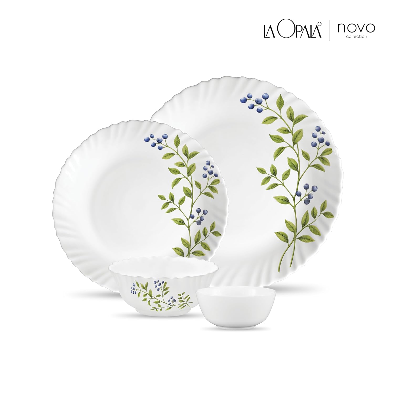La Opala Novo Collection Opal Glass Crockery | for Family of 6 | Dinner Set 20 pcs Lush Greens | Plates & Bowls for Dining | Microwave Safe | 100% Vegetarian | Extra Strong | Light & White