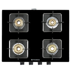 Faber Glass Top 4 Burner Gas Stove (Hob Cooktop Pearl 4BB BK) with Jumbo Burner, Diamond Coated Pan Support, Manual Igni